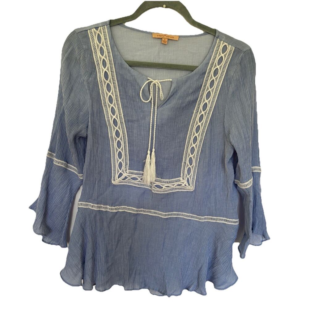 GIBSON LATIMER Women's Blue Embroidered Gauzy Tie Neck Tunic Top Size S